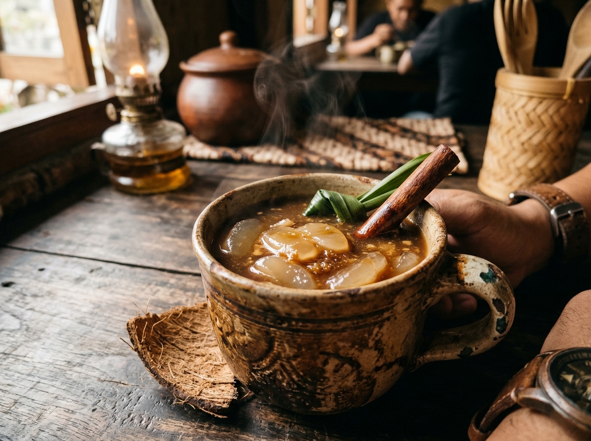 Secangkir bajigur hangat rempah gula aren santan gurih khas Sunda dengan kolang-kaling empuk dan aroma pandan