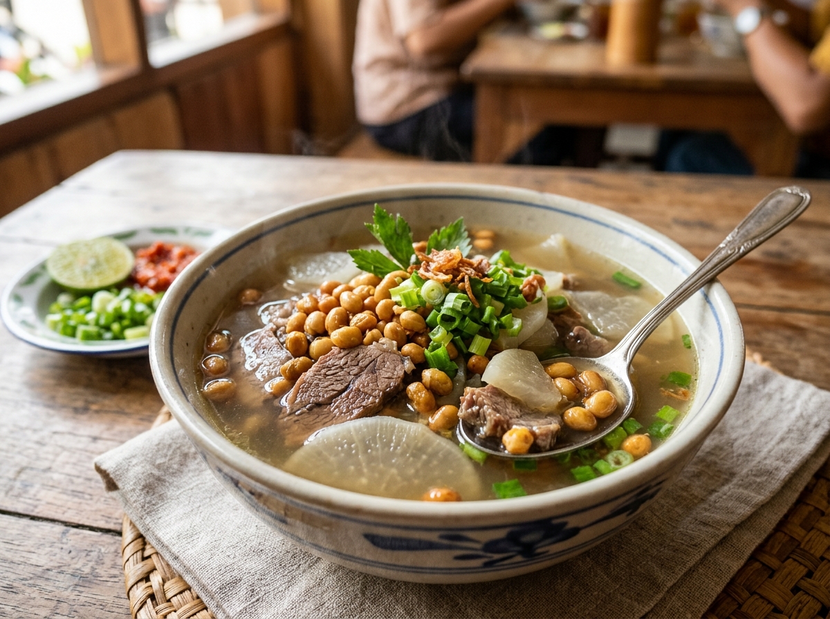 Semangkuk Soto Daging Sapi Lajen kuah kaldu sapi bening dengan irisan daging has empuk, lobak putih, dan taburan kedelai goreng renyah